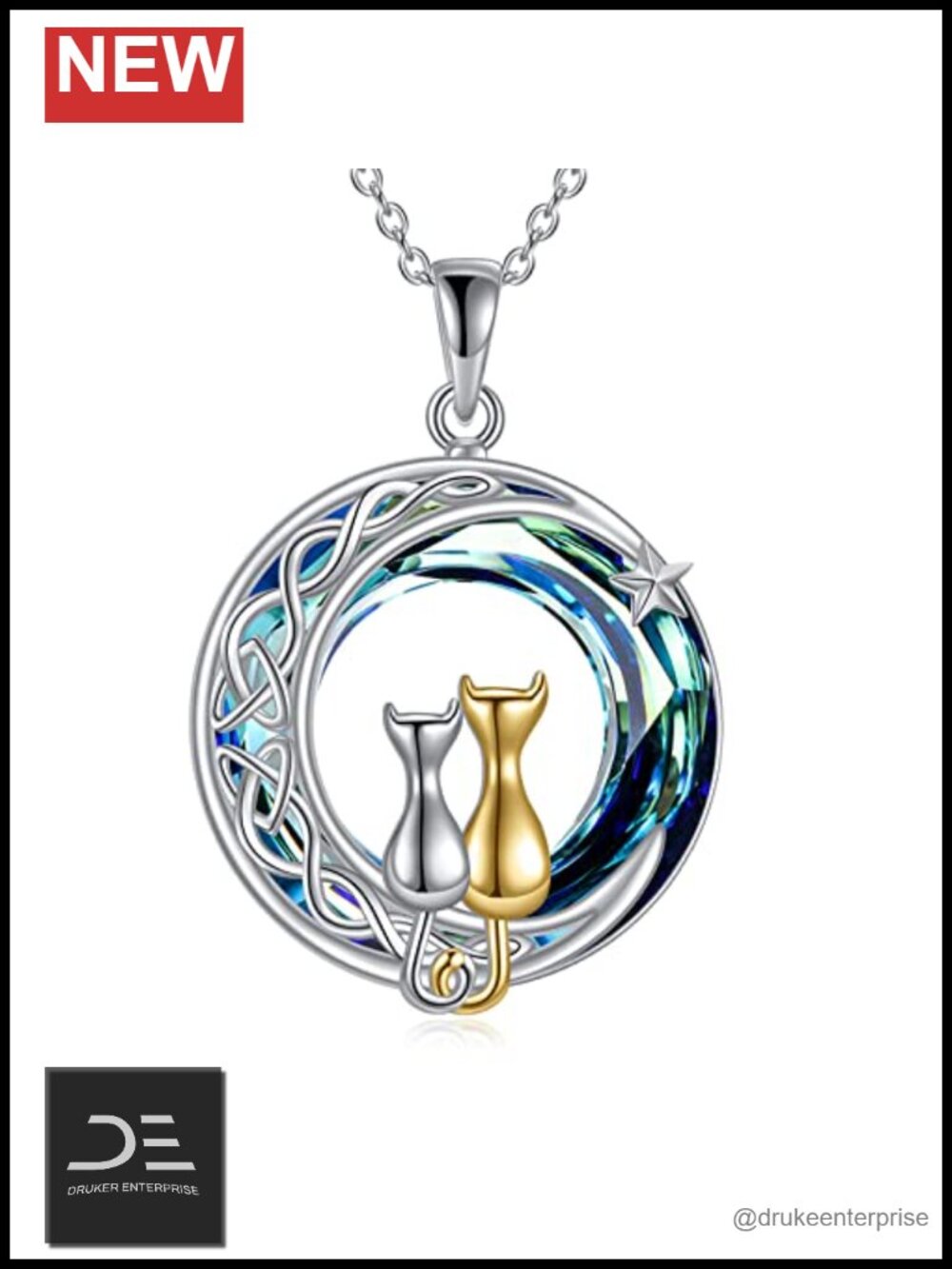 925 Sterling Silver Black Cat Moon Pendant Necklace with Crystal Celtic Tree of